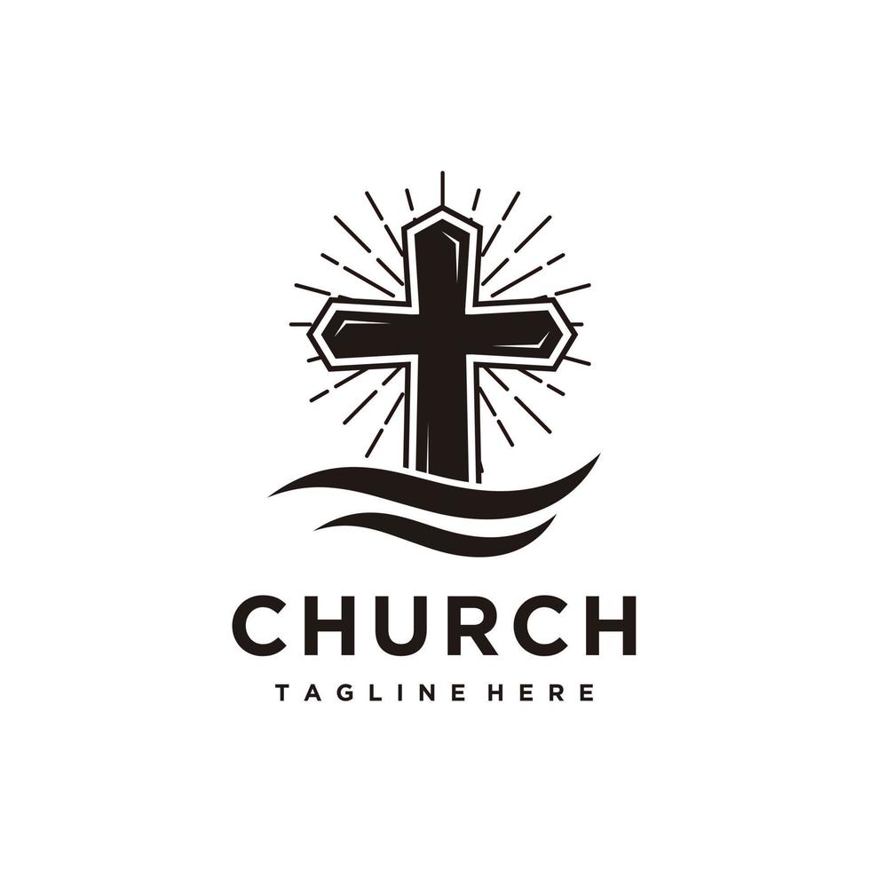 Chiesa cristiano croce, raggiera e onda logo design icona vettore