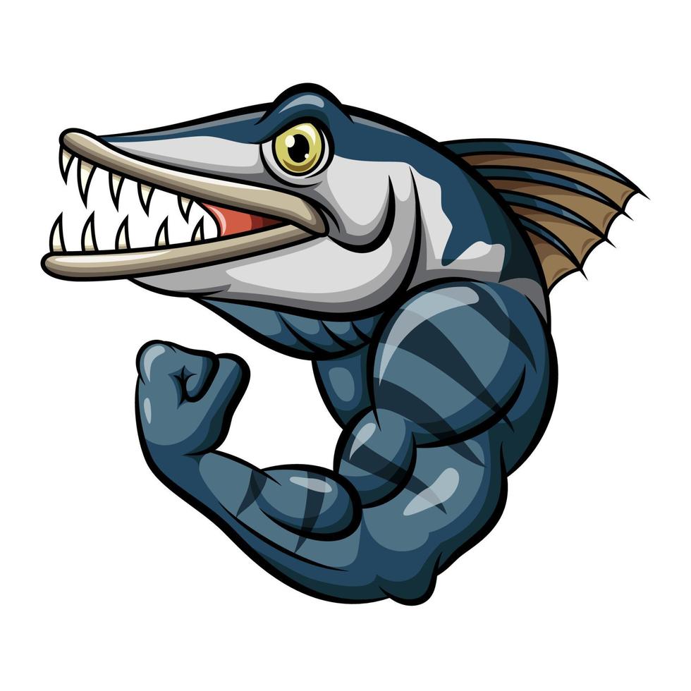 cartone animato forte arrabbiato Barracuda pesce portafortuna vettore