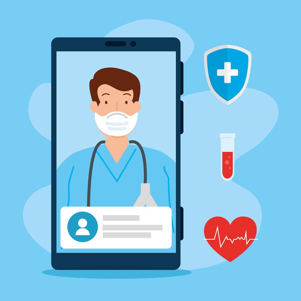 tecnologia di telemedicina con medico in uno smartphone e icone mediche vettore