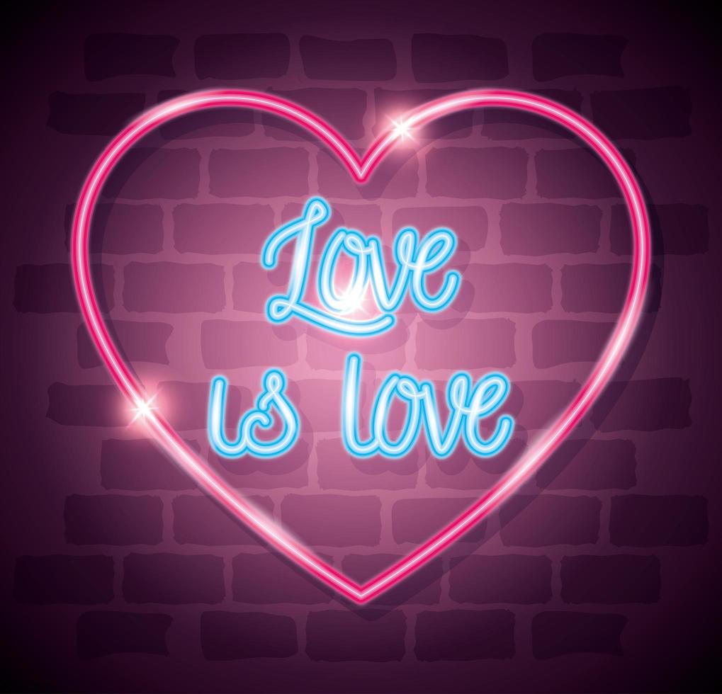 luce al neon del giorno dell'orgoglio con etichetta l'amore è amore vettore