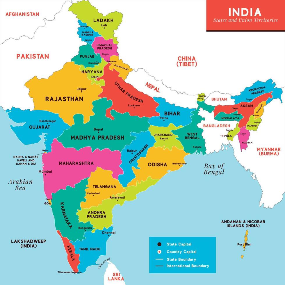 India carta geografica con circostante frontiere vettore