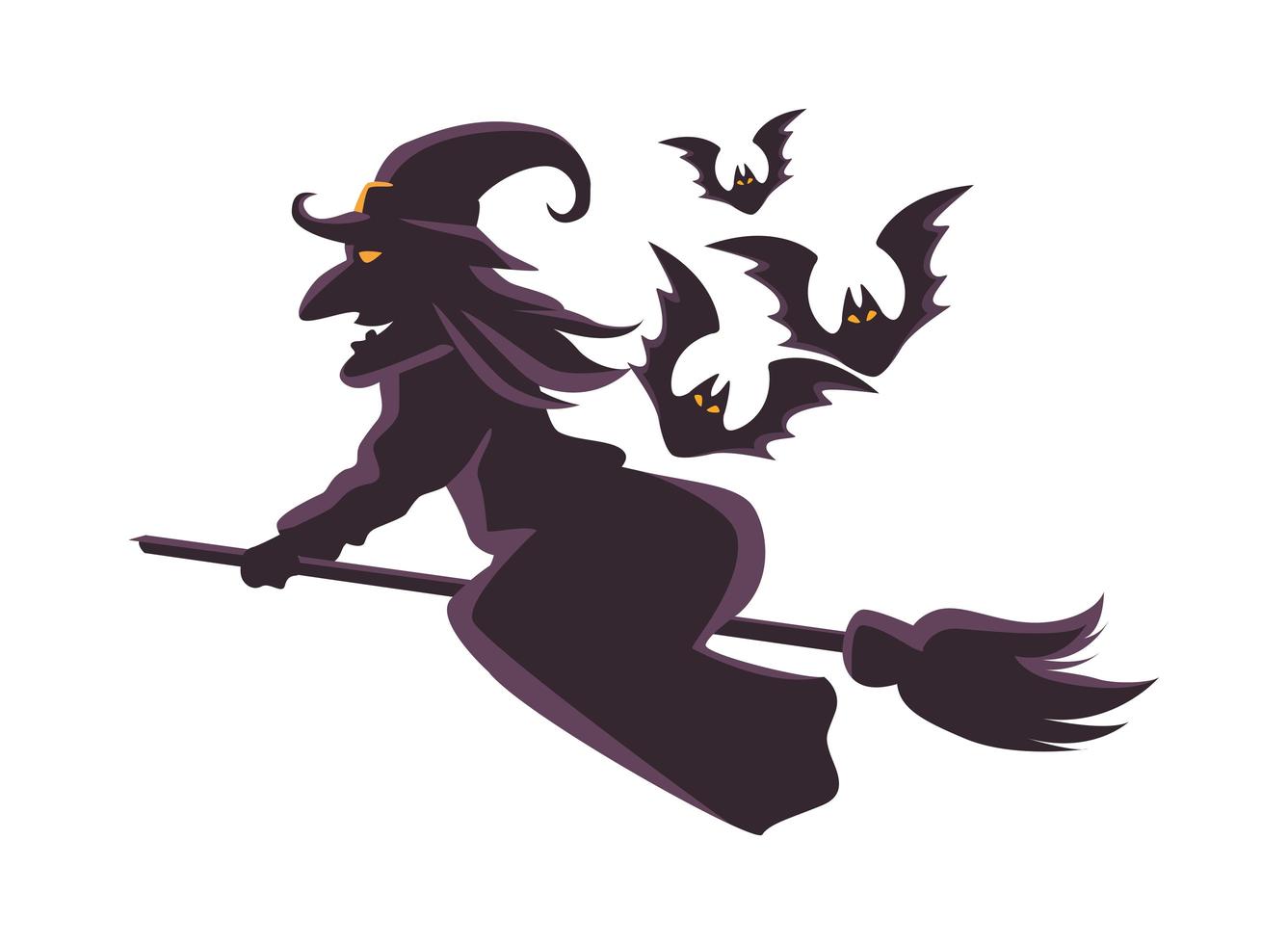 strega che vola sulla scopa e pipistrelli che volano icona silhouette vettore
