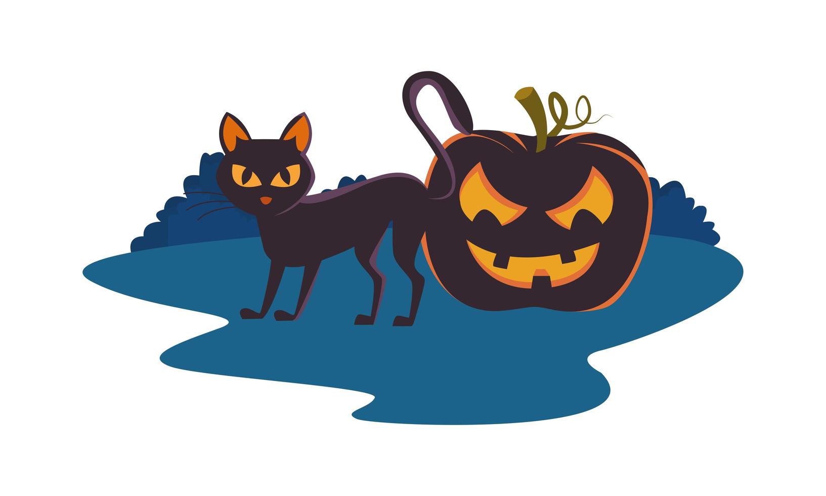 zucca di Halloween con viso e gatto vettore