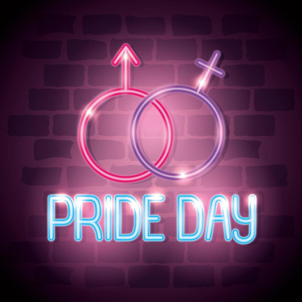 luce al neon del giorno dell'orgoglio con simboli di genere vettore