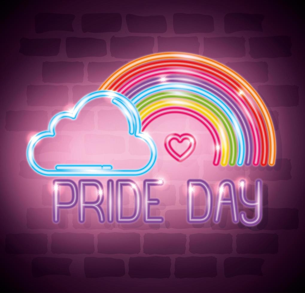 luce al neon del giorno dell'orgoglio con arcobaleno e nuvole vettore