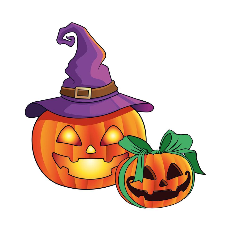 zucche di Halloween con fiocco e icona del cappello della strega vettore
