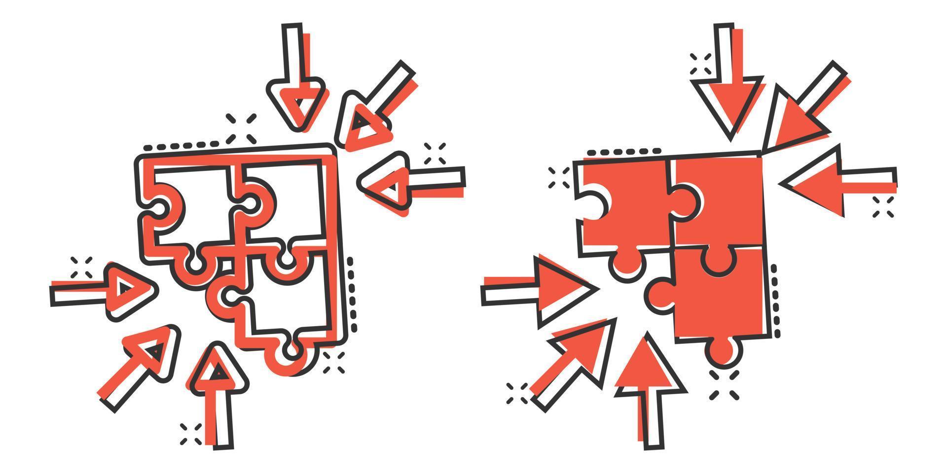 puzzle sega icona nel comico stile. soluzione compatibile cartone animato vettore illustrazione su bianca isolato sfondo. combinazione spruzzo effetto attività commerciale concetto.
