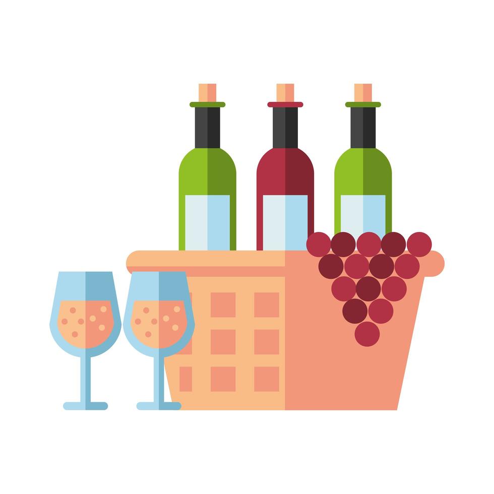 bottiglie di vino e uva nel cestino vettore