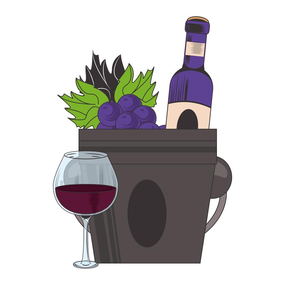 grappolo d'uva con bottiglia di vino e vetro vettore