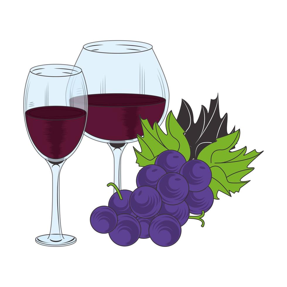 bicchieri di vino e grappolo d'uva design vettore