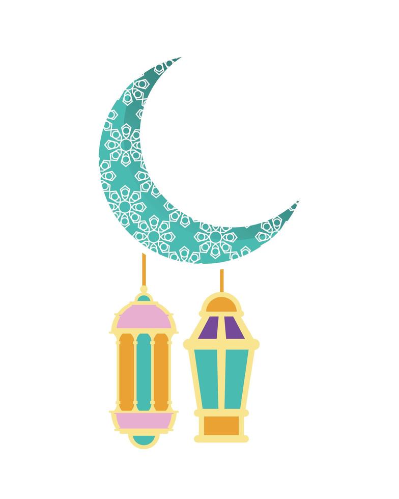 lanterne di ramadan kareem appese con luna crecente vettore