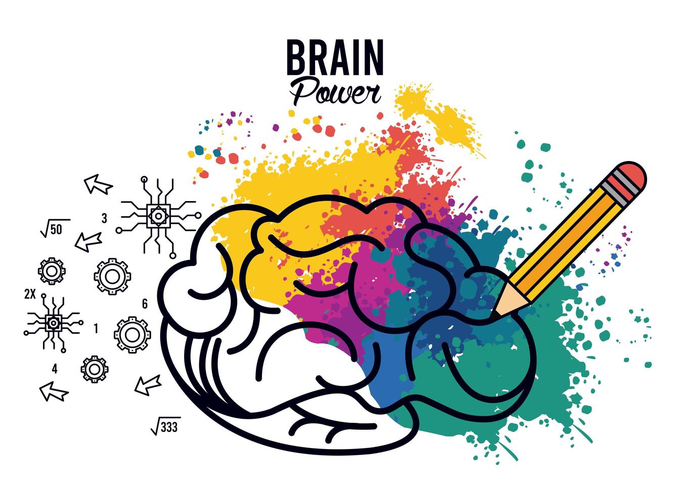 poster di potenza del cervello con schizzi di colori e matita vettore