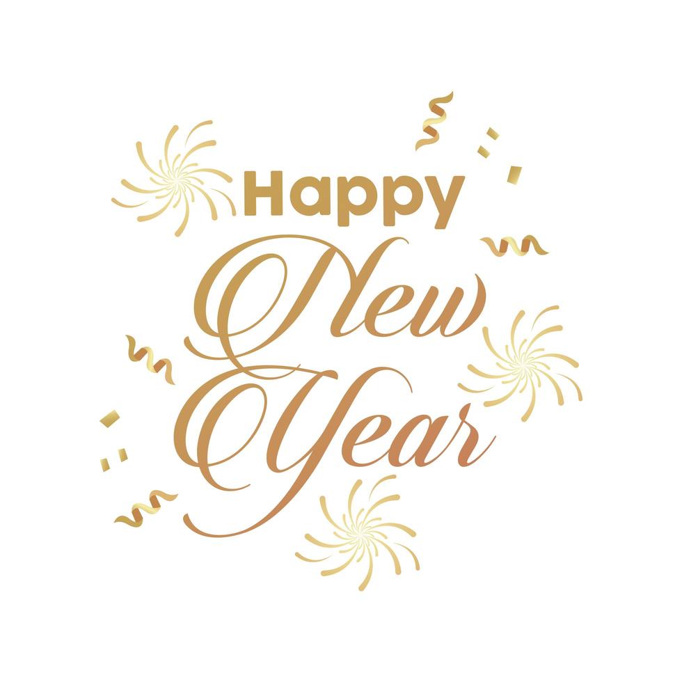 felice anno nuovo lettering dorato con coriandoli e fuochi d'artificio vettore
