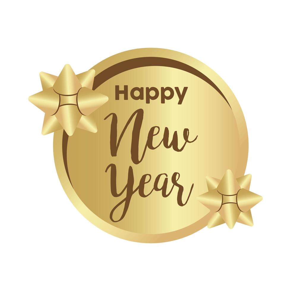 felice anno nuovo lettering dorato con fiocchi in cornice circolare vettore
