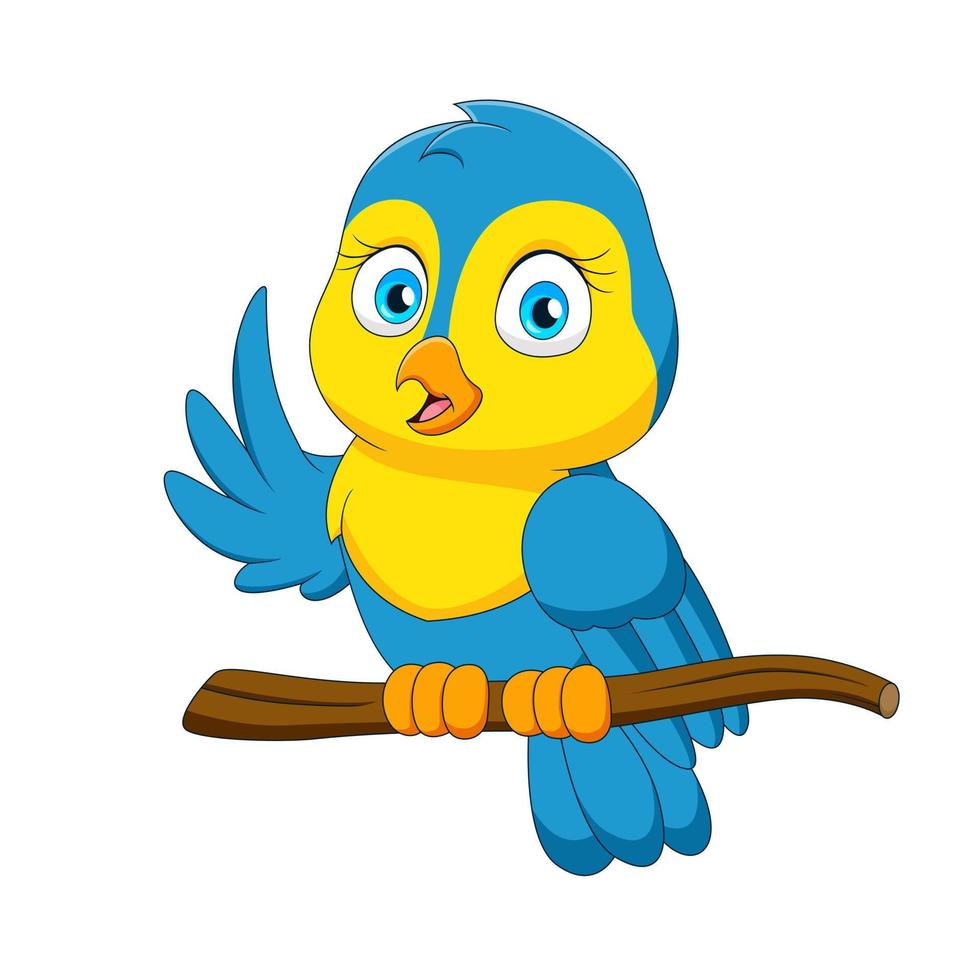 carino cartone animato blu uccello su un' ramo vettore