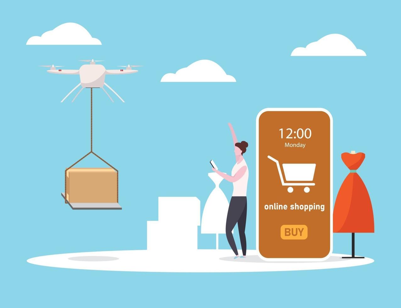 drone di consegna per lo shopping online su smartphone, stile piatto illustrazione vettoriale