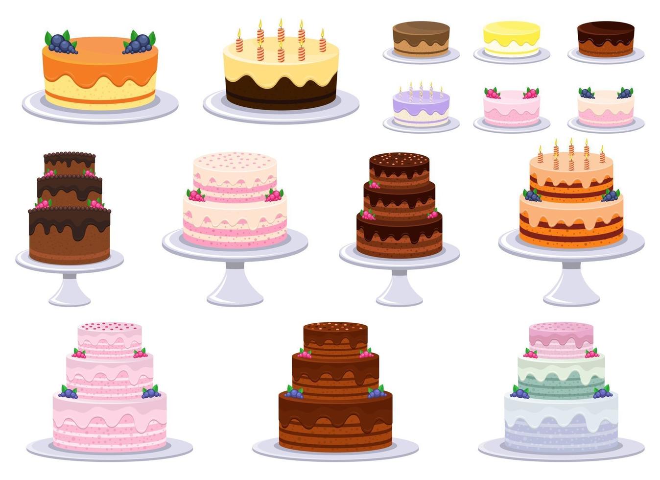 Insieme dell'illustrazione di progettazione di vettore della torta di compleanno isolato su fondo bianco