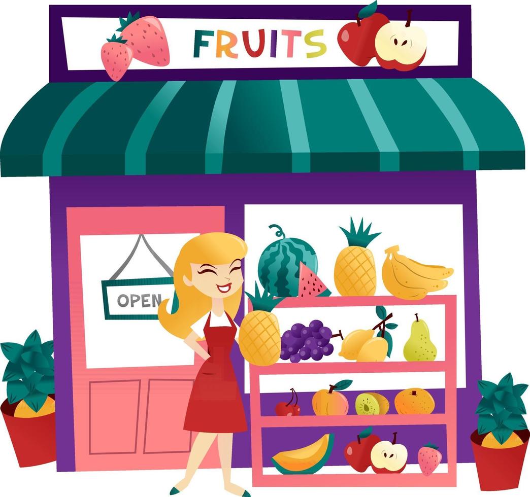 negozio di frutta dei cartoni animati con magazziniere vettore