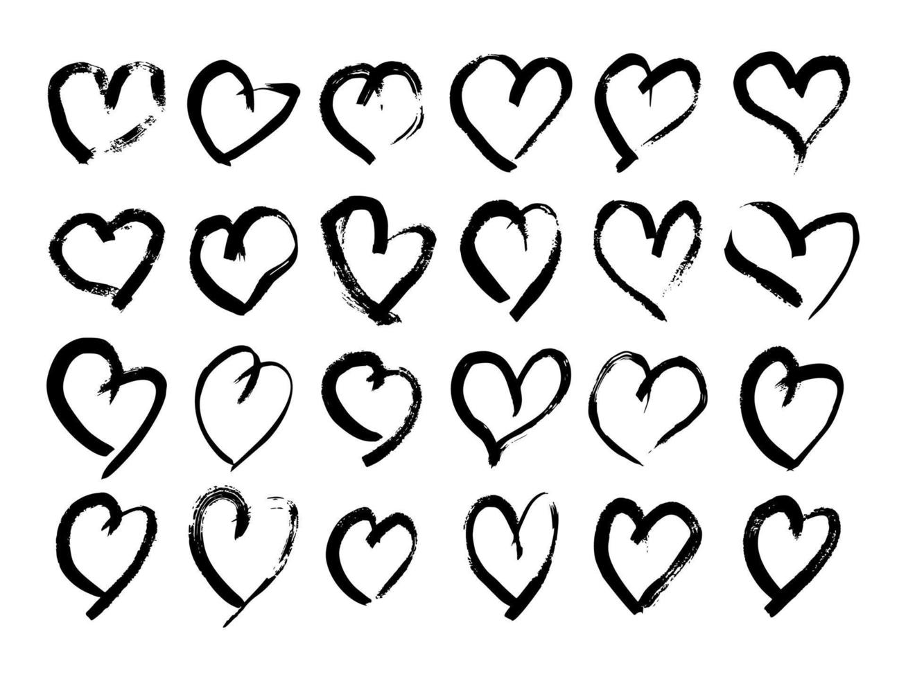 mano disegnato spazzola cuori. impostato di venti quattro grunge nero scarabocchio cuori su bianca sfondo. romantico amore simbolo. vettore illustrazione.
