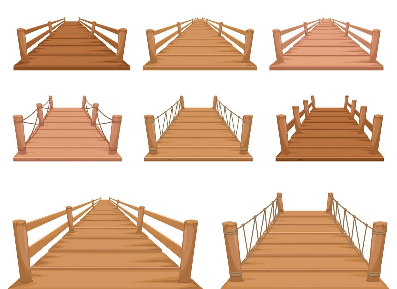insieme dell'illustrazione di progettazione di vettore del ponte di legno isolato su fondo bianco