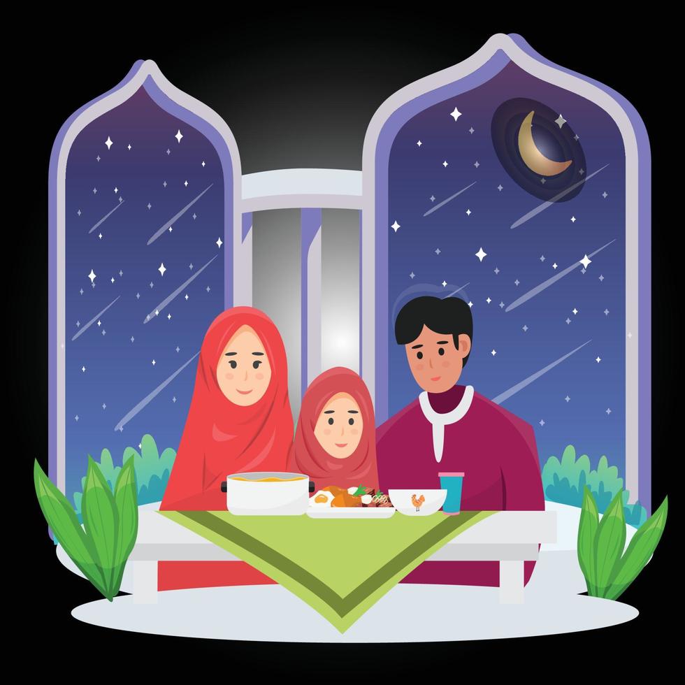 padre, madre e bambino siamo godendo iftar cibo insieme vettore