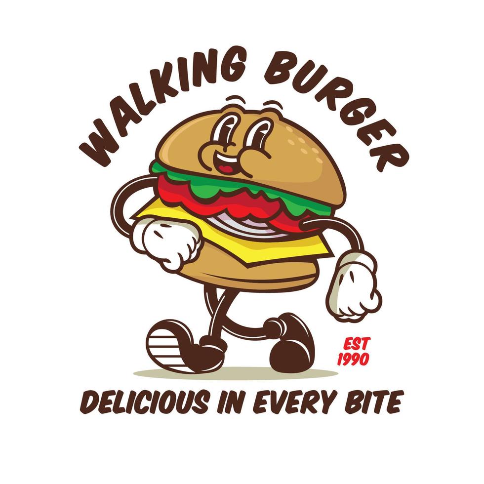a piedi hamburger personaggio vettore illustrazione nel retrò anni '30 cartone animato stile, Perfetto per t camicia design e veloce cibo logo