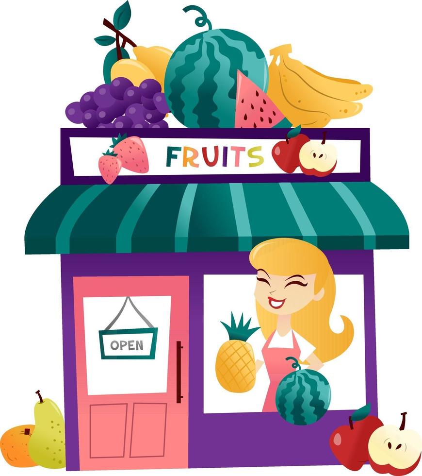negozio di frutta dei cartoni animati con magazziniere alla finestra vettore