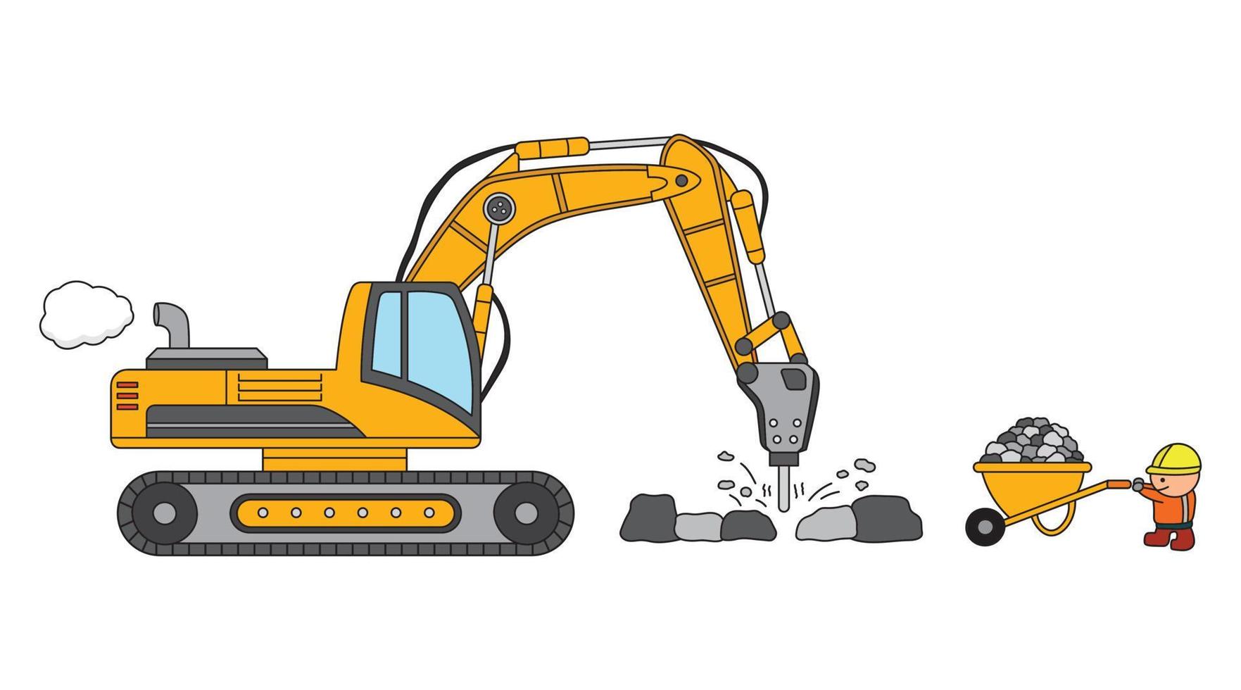 mano disegnato colore bambini costruzione perforazione macchina scavatrice con rocce e costruzione lavoratore vettore