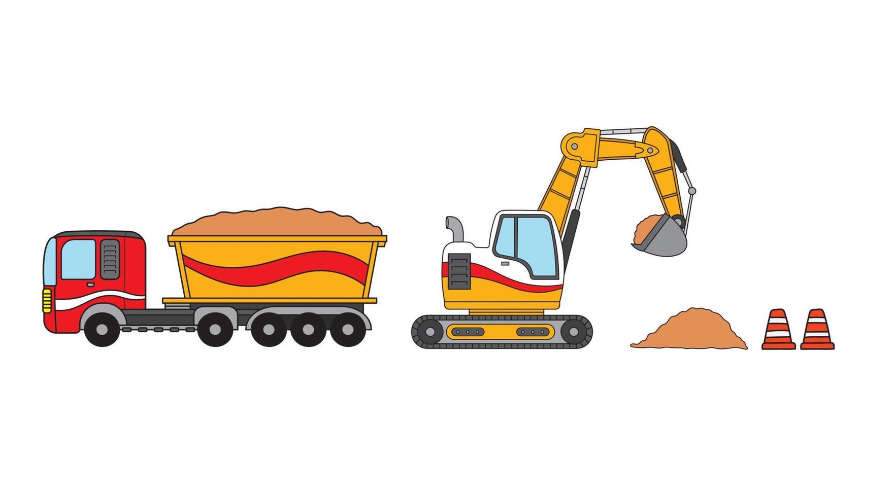 vettore illustrazione colore bambini costruzione mini escavatore, cumulo di rifiuti camion, e traffico coni