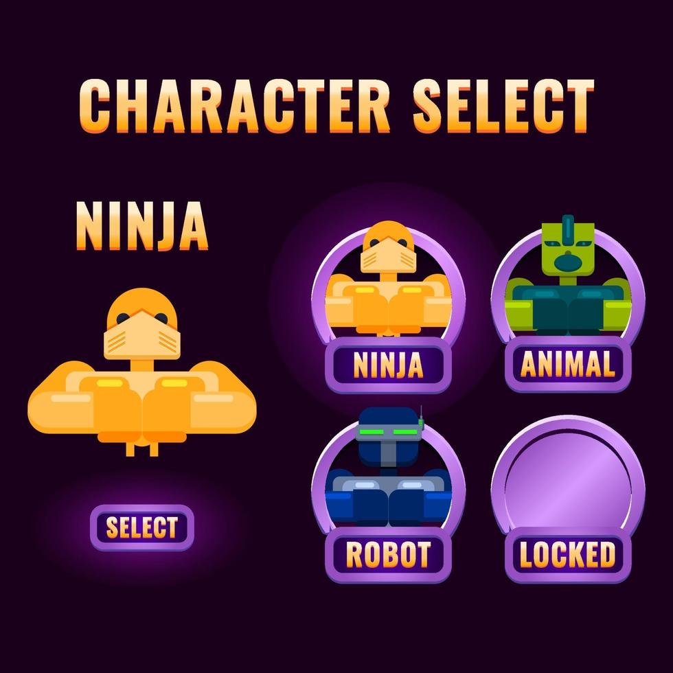la selezione del carattere dell'interfaccia utente del gioco arrotondato viola lucido si apre per l'illustrazione vettoriale dell'interfaccia 2d gui