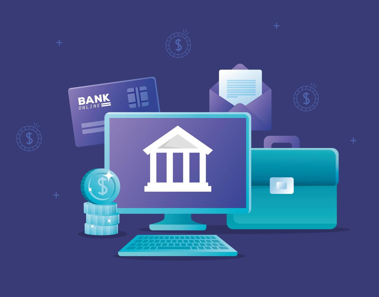 concetto di banking in linea con desktop del computer e icone vettore