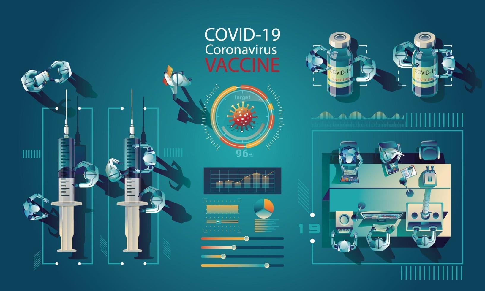 team medico e scienziato hanno scoperto il vaccino covid-19, test di laboratorio, siringa, una fiala di vaccino, lavorando sul test. sviluppo del vaccino pronto per l'illustrazione del trattamento, design piatto vettoriale