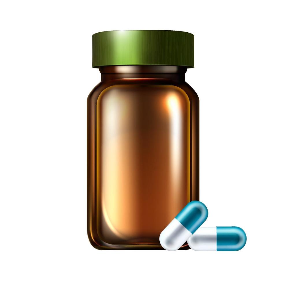 bottiglie di vetro di plastica marrone ambra per medicinali, pillole o confetti, chiuse con tappo isolato illustrazioni realistiche di vettore 3d. mockup di confezionamento di prodotti farmaceutici