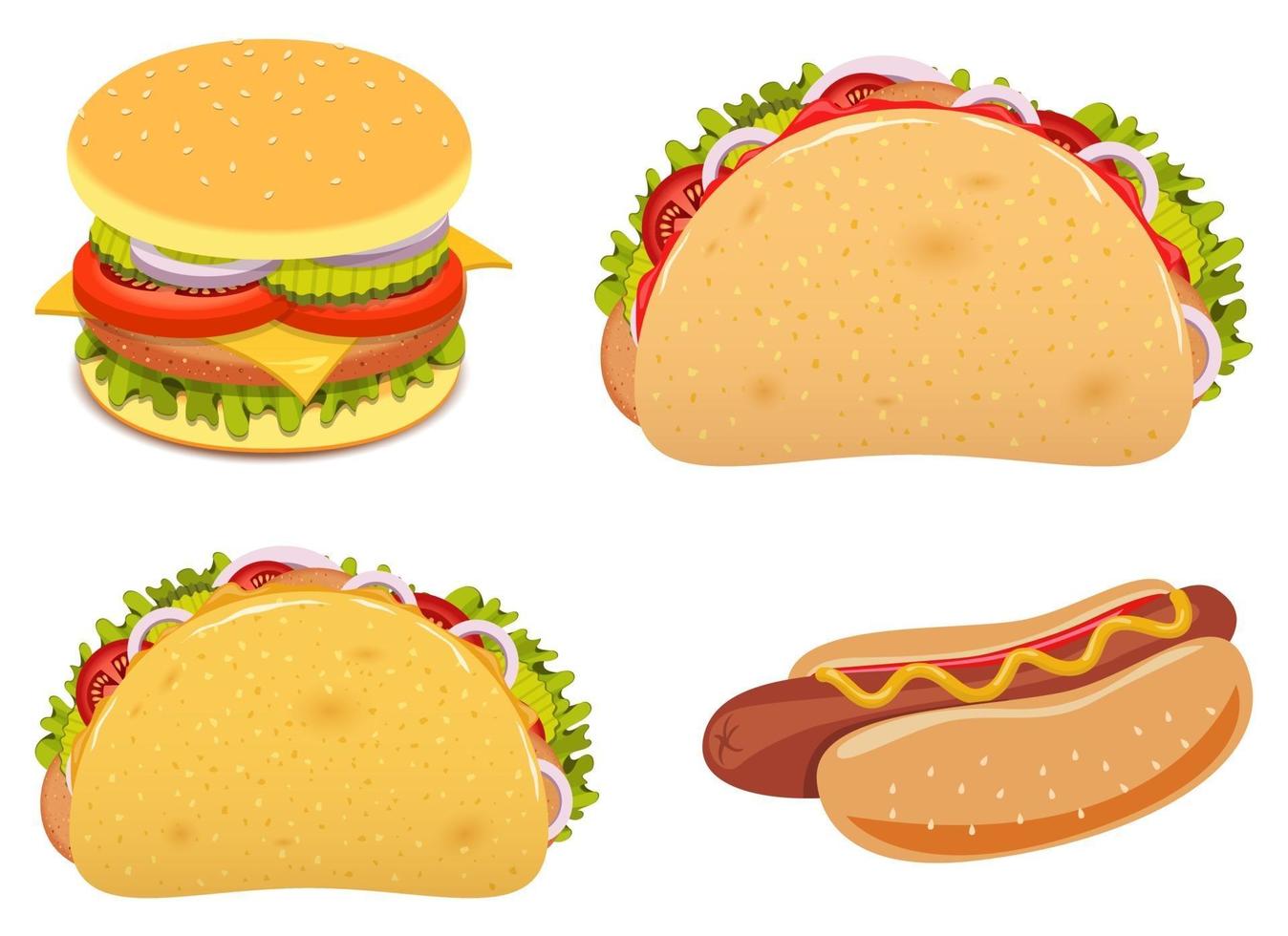 set realistico di hamburger, burrito e hot dog vettore