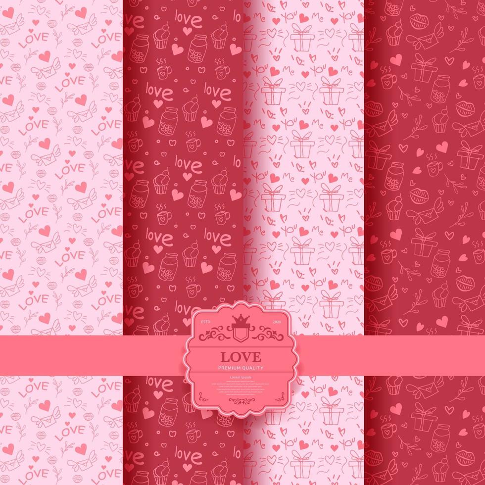 set di San Valentino, modello senza cuciture romantico rosa con cuori. raccolta di carta da pacchi e sacchetti regalo. sfondo di illustrazione vettoriale