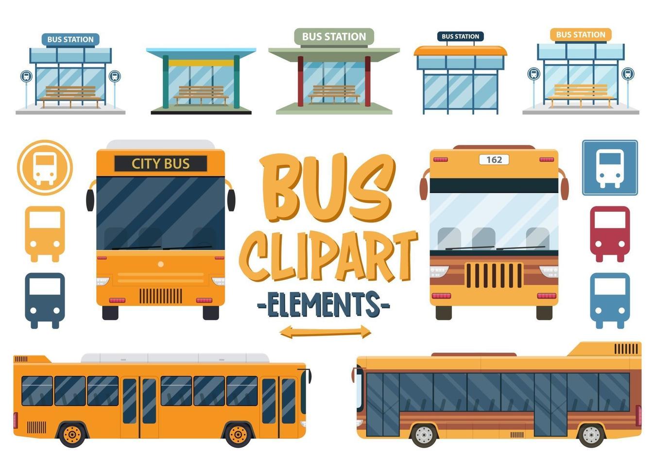 set di clipart di viaggio in autobus. città, autobus, autobus, viaggio, stazione, piatto, turismo, set di trasporto. vettore