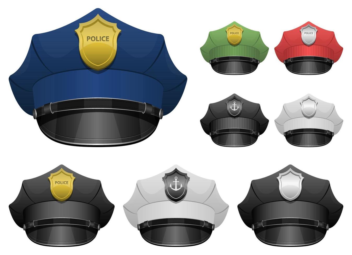 insieme dell'illustrazione di progettazione di vettore del cappello dell'ufficiale di polizia isolato su fondo bianco