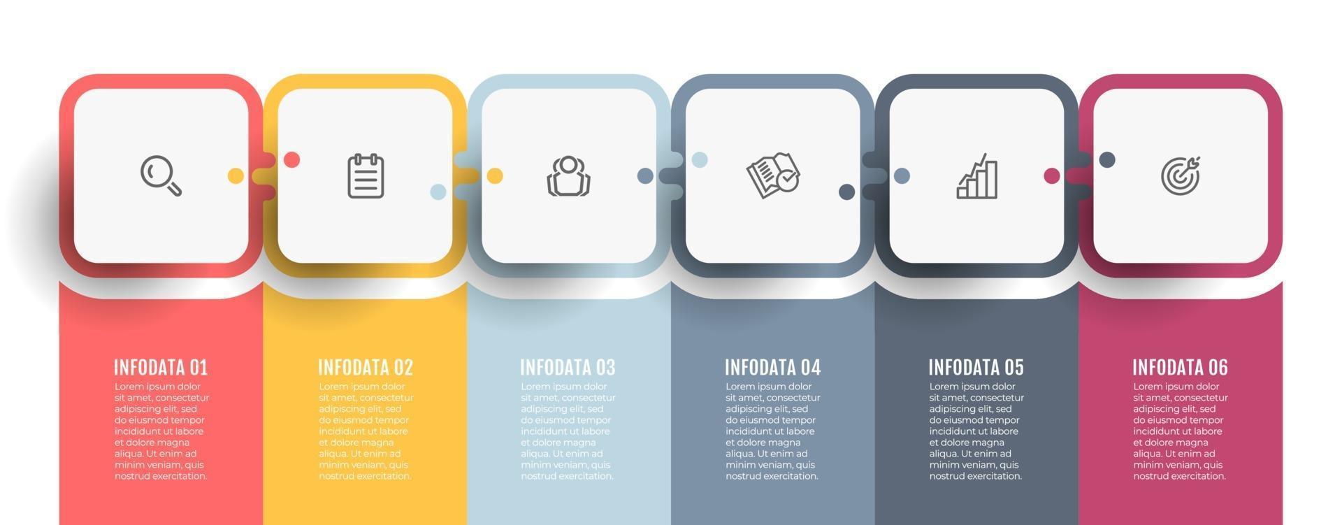 modello grafico di informazioni aziendali. diagramma di processo. linea del tempo con icone e 6 opzioni o passaggi. può essere utilizzato per diagramma di processo, presentazioni, banner, relazione annuale, web design. vettore