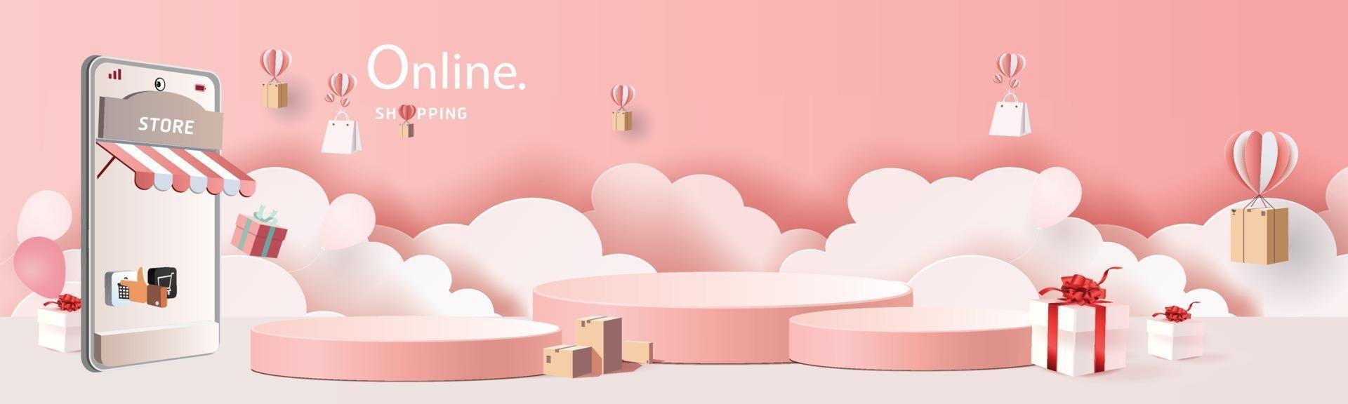 paper art shopping online su smartphone e nuovo sfondo rosa di promozione della vendita di acquisto per l'e-commerce del mercato dei banner. vettore