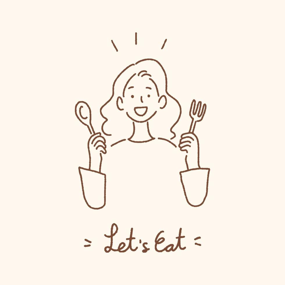 giovane donna che tiene cucchiaio e forchetta con mangiamo lettere scritte a mano, mangiare concetto di pranzo, illustrazione vettoriale stile disegnato a mano.