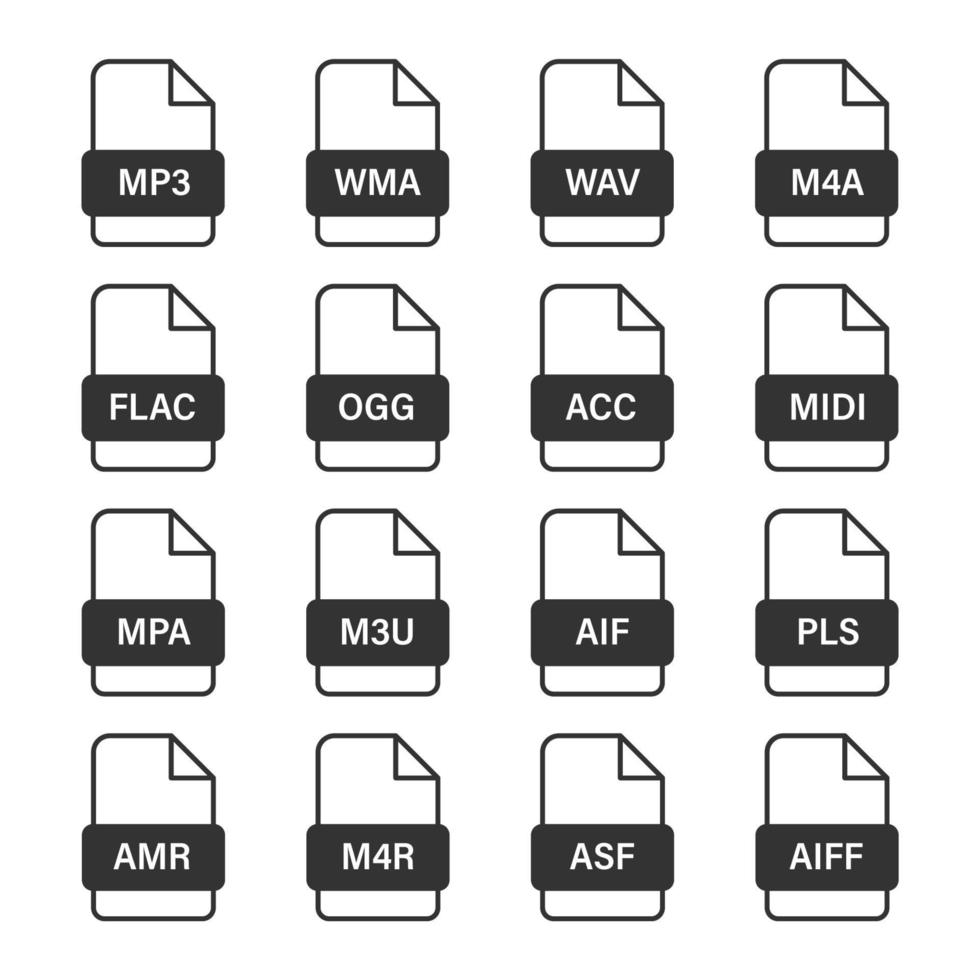 formati di file audio. icone di tipo audio. illustrazione vettoriale