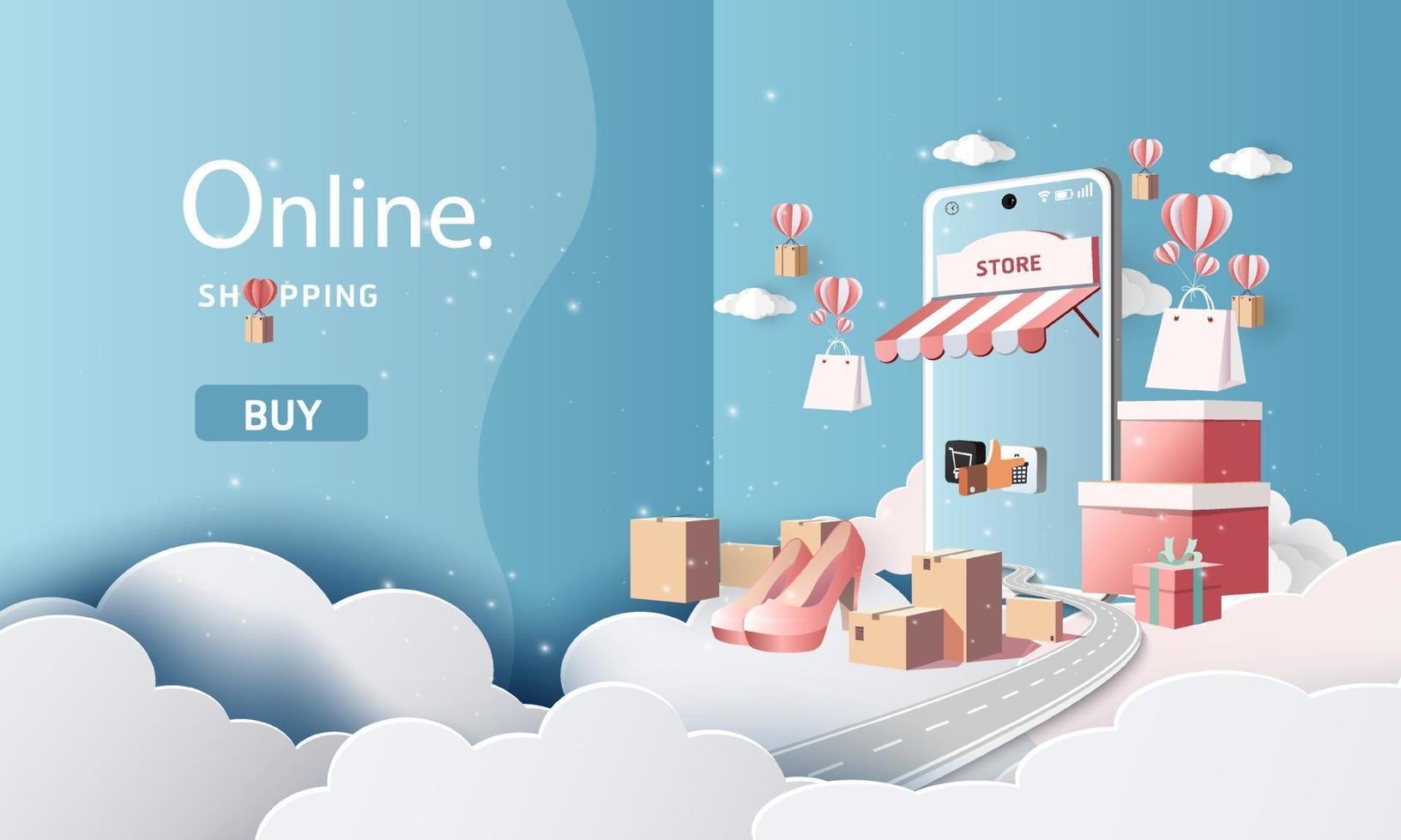 paper art shopping online su smartphone e nuovo backgroud di promozione della vendita di acquisto per l'e-commerce del mercato dei banner. vettore