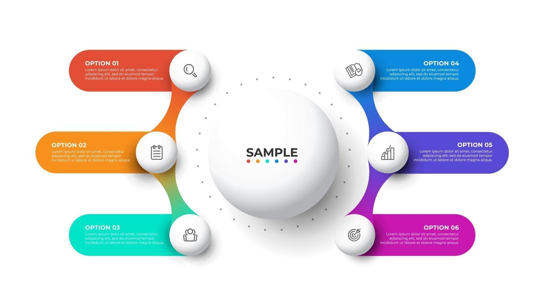 modello grafico di informazioni moderne. elementi del cerchio creativo design con icone di marketing. concetto di affari con 6 opzioni, passaggi, parti. vettore