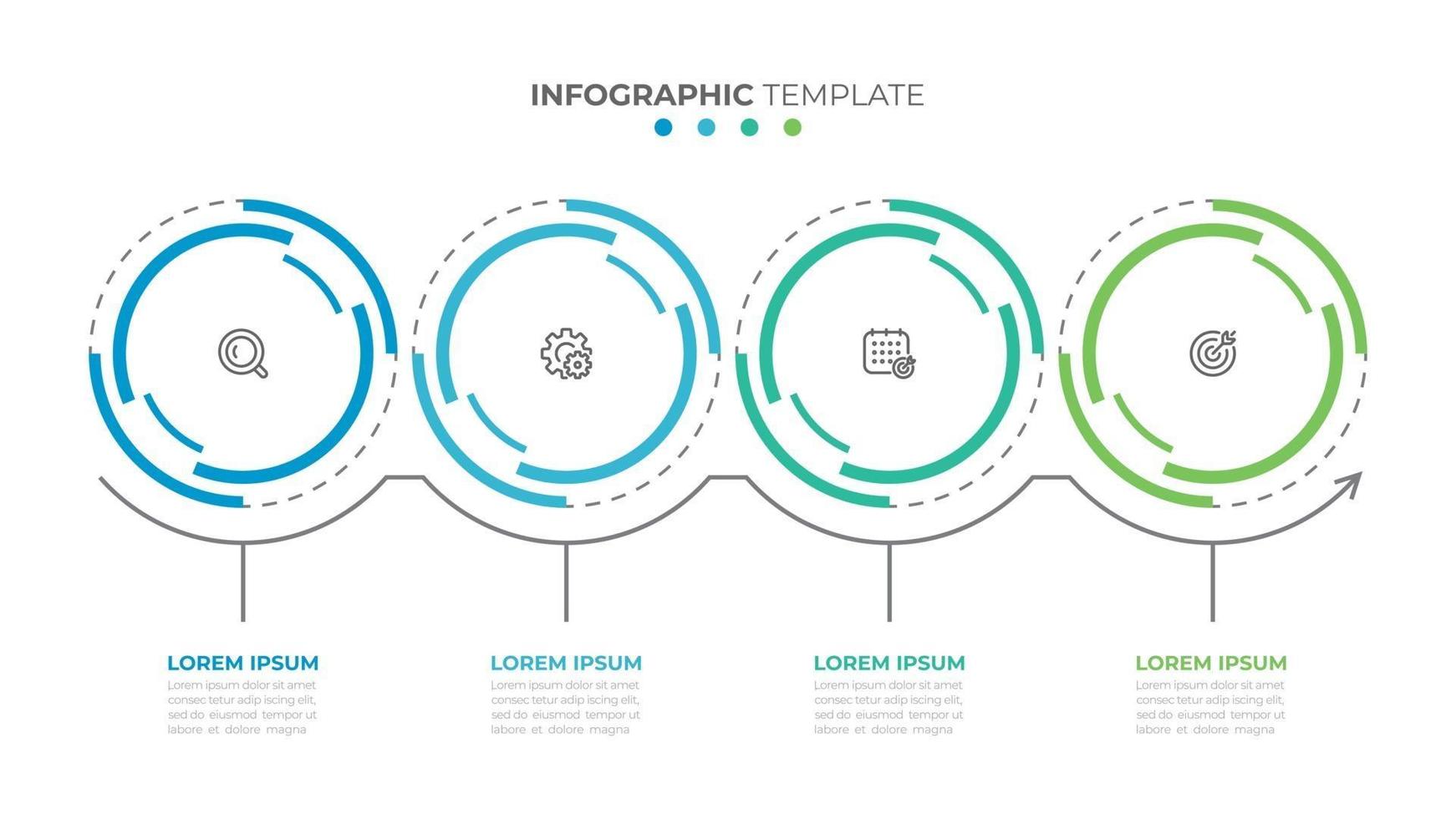 modello grafico di informazioni aziendali. linea del tempo con 4 opzioni, passaggi o cerchi. illustrazione vettoriale. vettore