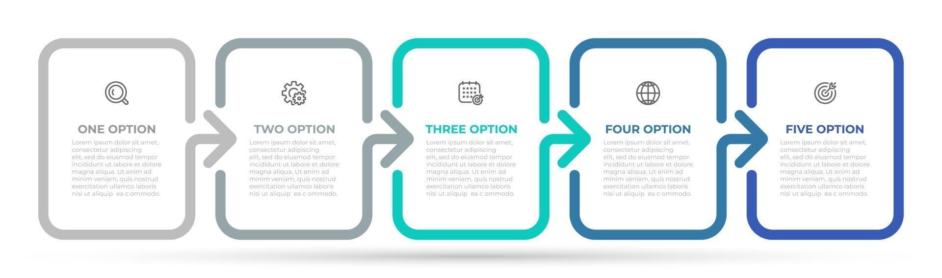 modello grafico di informazioni vettoriali. processo della linea temporale con 5 opzioni, passaggi, parti. concetto di affari con frecce e icone di marketing. vettore
