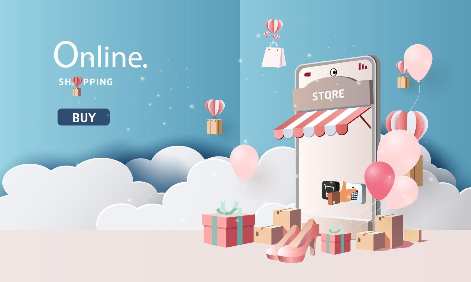 paper art shopping online su smartphone e nuovo sfondo rosa di promozione della vendita di acquisto per l'e-commerce del mercato banner. vettore