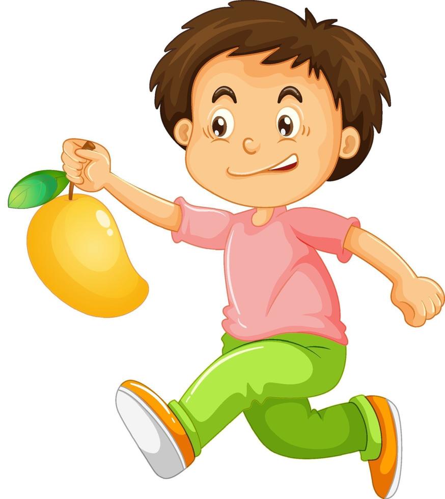 personaggio dei cartoni animati ragazzo felice che tiene un mango vettore