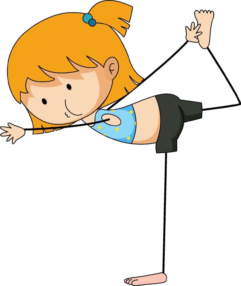 una ragazza che fa yoga doodle personaggio dei cartoni animati isolato vettore
