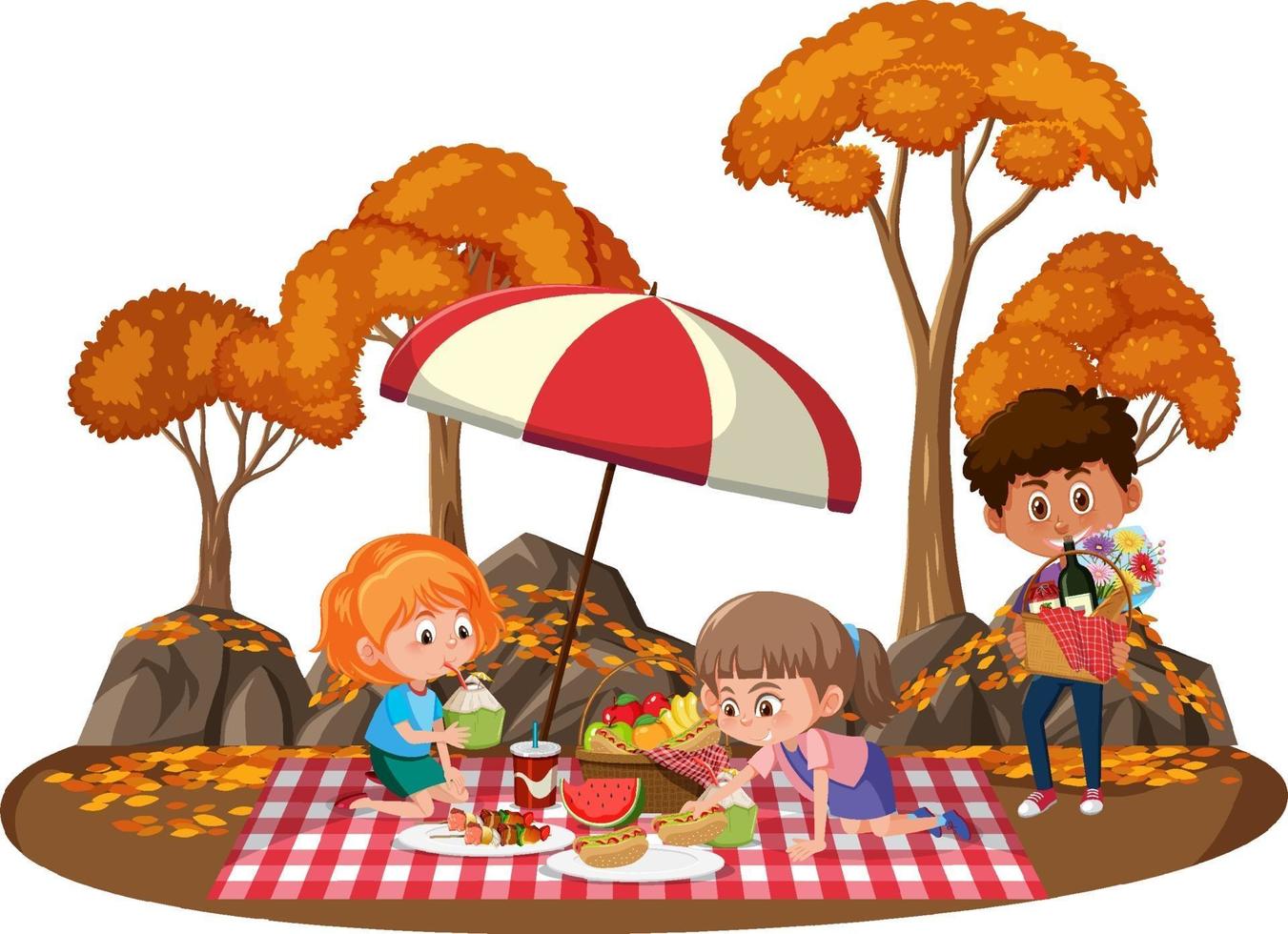 bambini che fanno picnic nel parco con molti alberi autunnali vettore