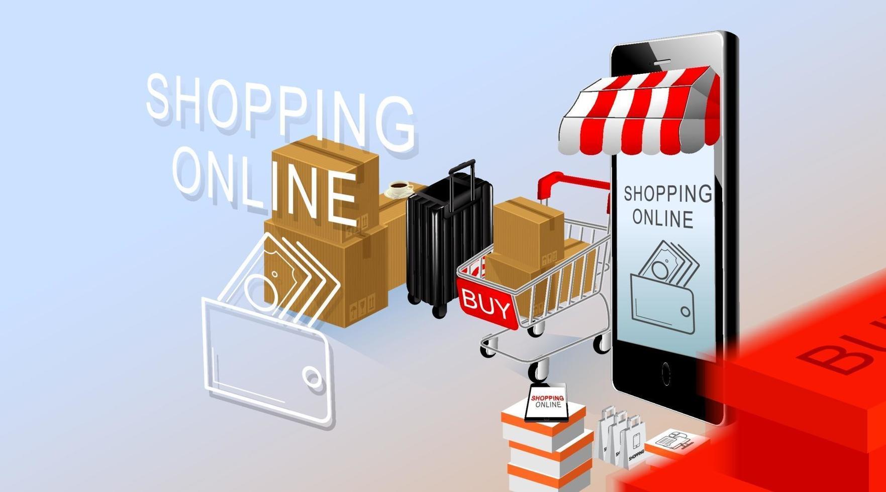 shopping online, smartphone e carrello con prodotti con sfondo blu vettore